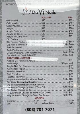 Prices/menu as of September 1, 2024. Walk-ins are welcome! To make appointment, please call 803-701-7071