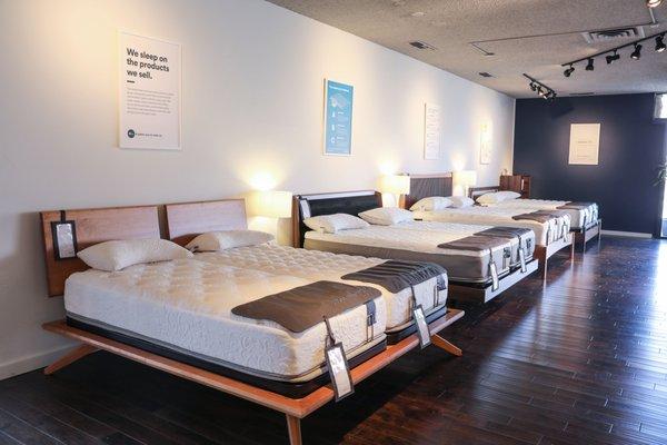 Our simple line up. Four mattresses in latex, memory foam, pocketed coil, and natural all with a choice of plush or firm