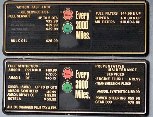 Prices as of December 2018.  $45 for a Full Synthetic Oil Change!