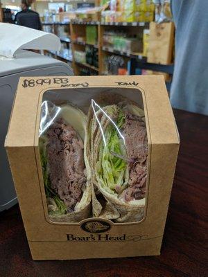 Boars Head Roast Beef on a Whole Wheat Wrap.