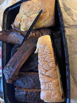 2 meat combo ribs and brisket and cornbread.