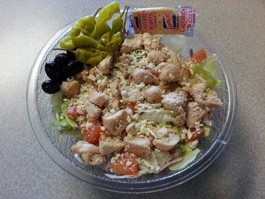 Chef Iama Critic - 4 Stars - $8.69 Greek Salad with Chicken. Doesn't look too Greek to me but hey, it was huge and fabulous for under 9$