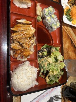 Chicken teriyaki bento - those sautéed onions under the chicken made my toes curl!!!! I wish the salad had more lime juice.