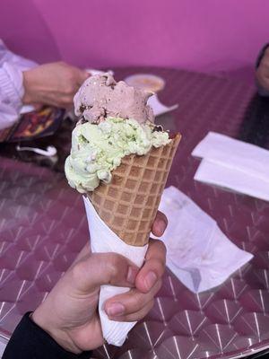 Ferrero Rocher and pistachio ice cream in a cone