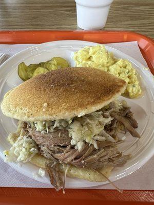 Pulled pork on cornbread.  Eh