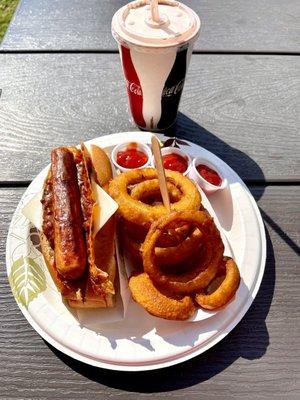 Bacon chili cheese dog and small order of onion rings & small chocolate shake