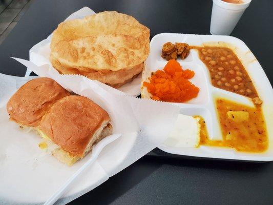 Halwa puri with bun kebab and chai