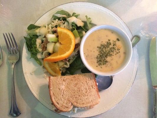 Chicken salad on wheat berry bread, Apple walnut salad, and Texas chowder