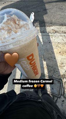 My medium frozen caramel coffee from Dunkin' Donuts my favorite drink 10/10 ever Original Blend iced coffee