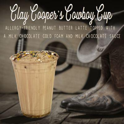 Delicious, allergy-friendly Peanut Butter Latte with a rich Milk Chocolate cold foam - inspired by the one and only Clay Cooper!