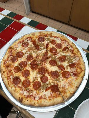 Large pepperoni and sausage pizza