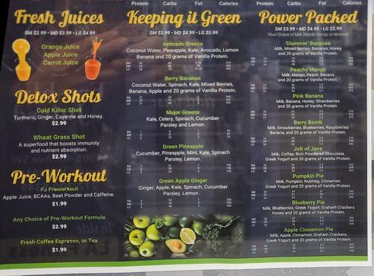 New menu with pre-workout and juices