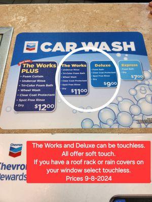 Car wash pricing and options 9-8-2024