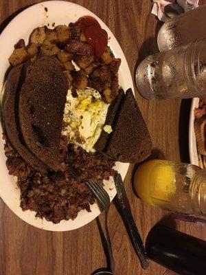 Pastrami Hash with Pumpernickel Toast