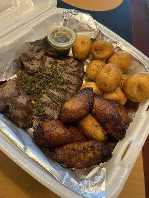 Churrasco , sweet plantains and baby potatoes.