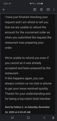 Response Uber Eats. response from business when called. No follow up not even allowing me to get my crap even if we have to pick it up!