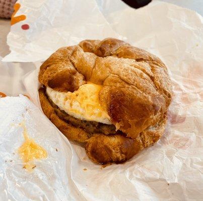 Sausage Egg and Cheese on a Croissant. This one was fresh