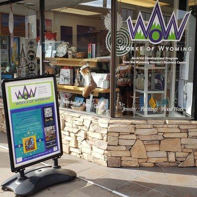 Display window of Works of Wyoming's Gift n Gallery of Wyoming Artists, an nonprofit Artist Development Center. Located in Historic Downtown