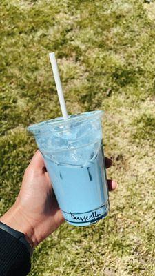 Butterfly pea, rose and lavender iced latte