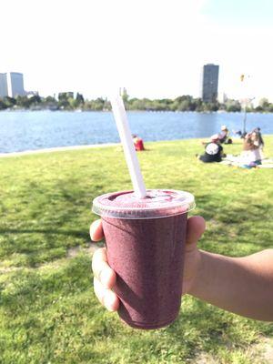 Berry Blast ($9). Strawberry, banana, blueberry, lacuma powder, acai, almond milk. Organic, non-GMO.