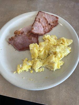 2 eggs, scrambled, and ham