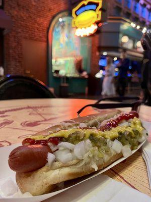 American dog: ketchup, mustard, onions, relish