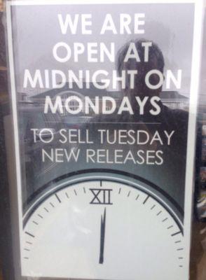 Open midnight Mondays for early release of Tuesday movies