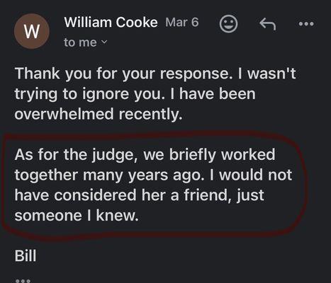 Bill failing to advise he donates or supports Judge Celeste aware of her actions under the color of law.