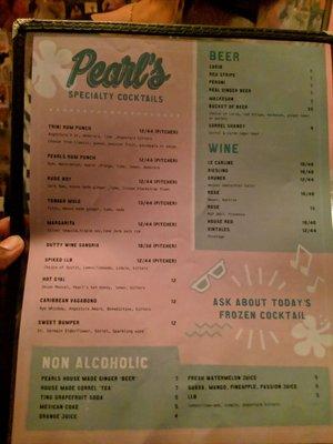 Pearl's cocktail menu.