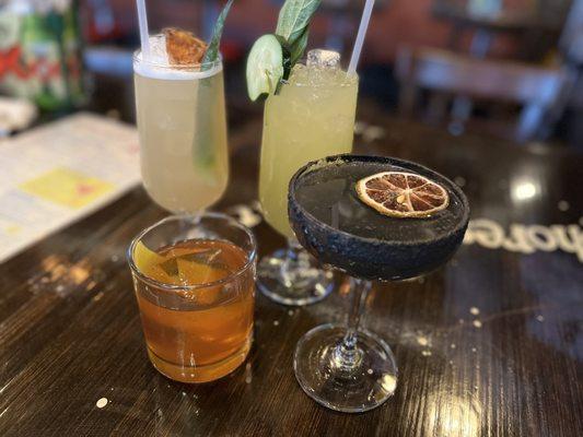 Barrel aged Old Fashioned, Black Lemon Drop, Mommy Funkadelic, and Might as Well (front to back; left to right)