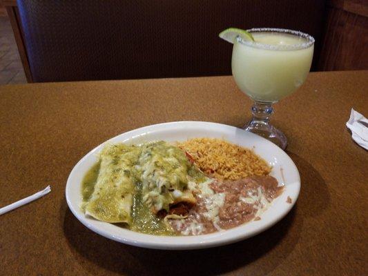 Pick 2 combo. Chicken burrito, tamale, rice, & beans with salsa verde.