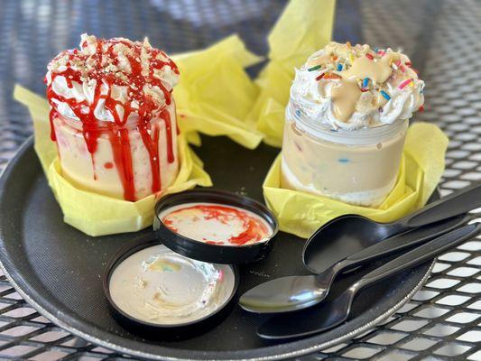 Strawberry cheesecake and birthday cake puddings