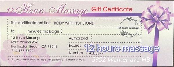 gift certificate of 12 hours massage.