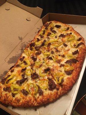 white cheesesteak pizza!