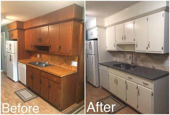 We salvaged the structure of this kitchen by restoring and refinishing the cabinetry, updating the countertops and installing a backsplash.