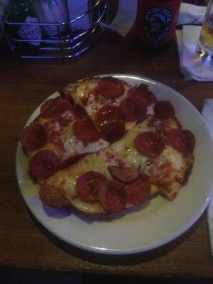 Happy Hour "Two-Topping Pub" pizza (pepperoni and cheese).