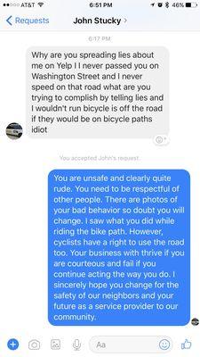 He says I'm a liar but admits running cyclists off the road. I hope he changes his ways. We could use a good taxi driver in town.