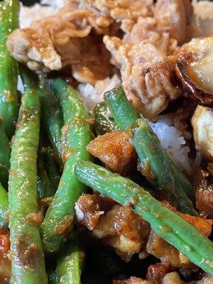 lunchbox--fried chicken, string beans, and eggs over rice. $10 + tax + tip