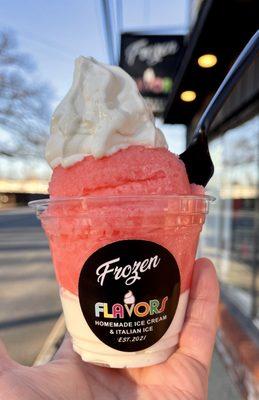 Bubblegum Gelati. The perfect layering of creamy vanilla soft serve and our incredibly smooth homemade Bubblegum Italian Ice