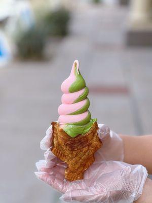 Strawberry Matcha Soft-serve in Taiyaki Cone