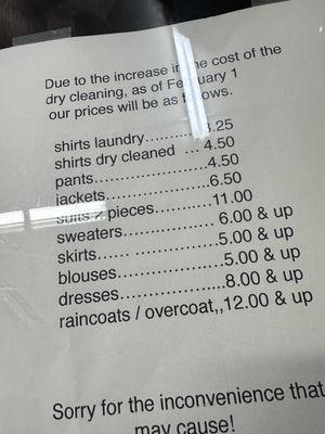 dry clean price sheet.