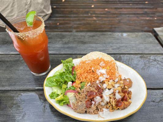 Michelada, Berkshire pork carnitas , Achiote chicken, Red rice, and salad