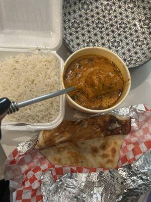 Basmati rice, Butter Chicken, Butter naan  - ready to be dished out