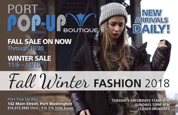 Seasonal Pop Up store exclusive to Port Washington featuring on-trend women's clothing and one of a kind samples from various designers.