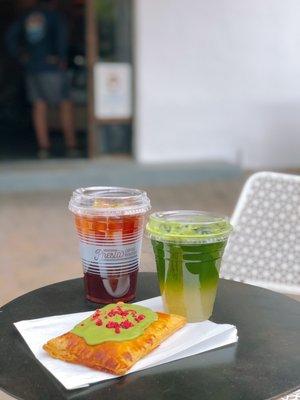 Single origin cold brew, seasonal Palo Verde matcha, and matcha vegan pop tart