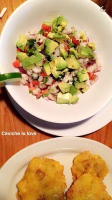 Shrimp ceviche with a side of tostones.