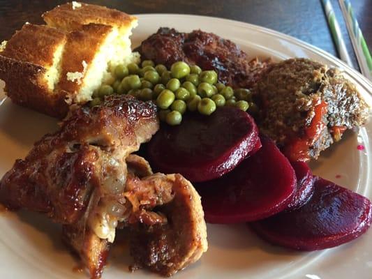 Sunday Buffet. BBQ ribs, meatloaf, peas, beets, and cornbread