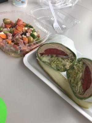 Nice antipasto salad and chipotle turkey avocado wrap