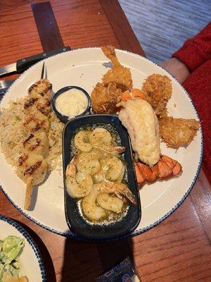 Lobster Tail, butterfly shrimp, scallops & butter garlic shrimp