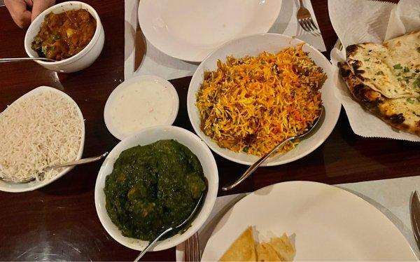 Chicken Biryani, Chicken Saag, Lamb Bhuna Masala, Naan